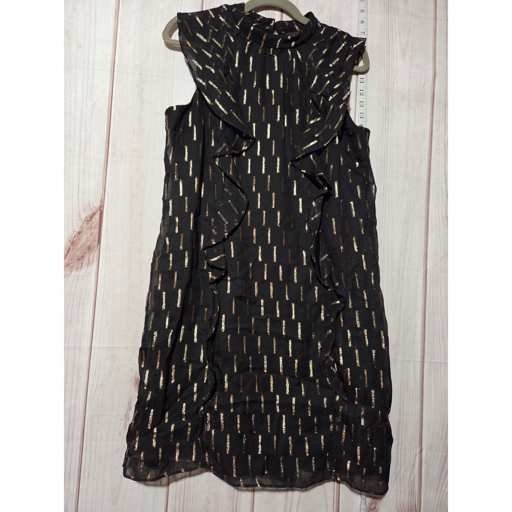 Worthington Black Gold Metallic Ruffle Chiffon Mock Neck Shift Dress Womens‎ 12